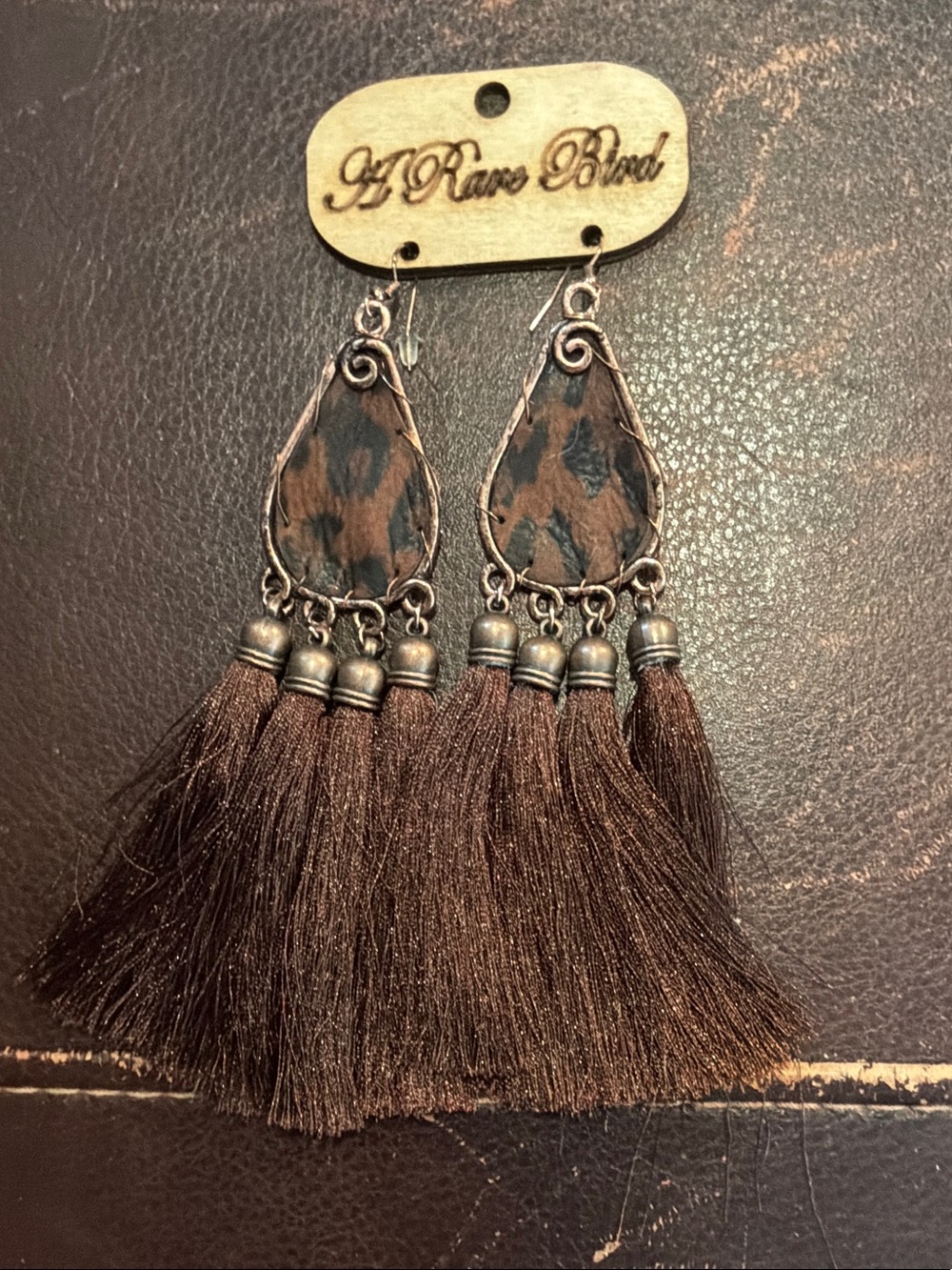 A Rare Bird Brown Tassel Drop Earrings with Leopard Accent